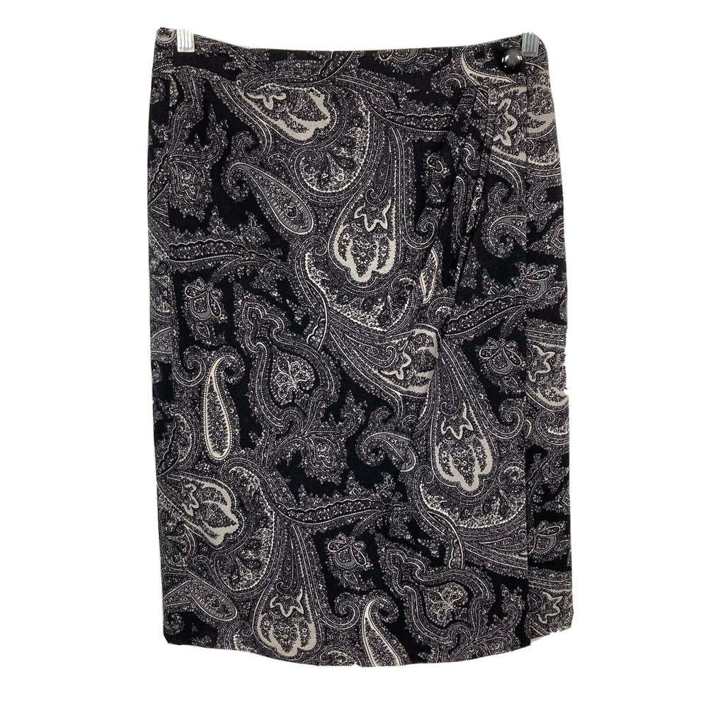 Talbots Skirt Womens‎ Sz 6 Black Gray Paisley Wool Wrap Pencil Lined Button
